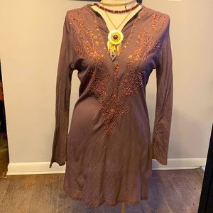 Sexy NEW Funky People Tunic. Brown w/ bronze metallic thread beads & sequins. LG